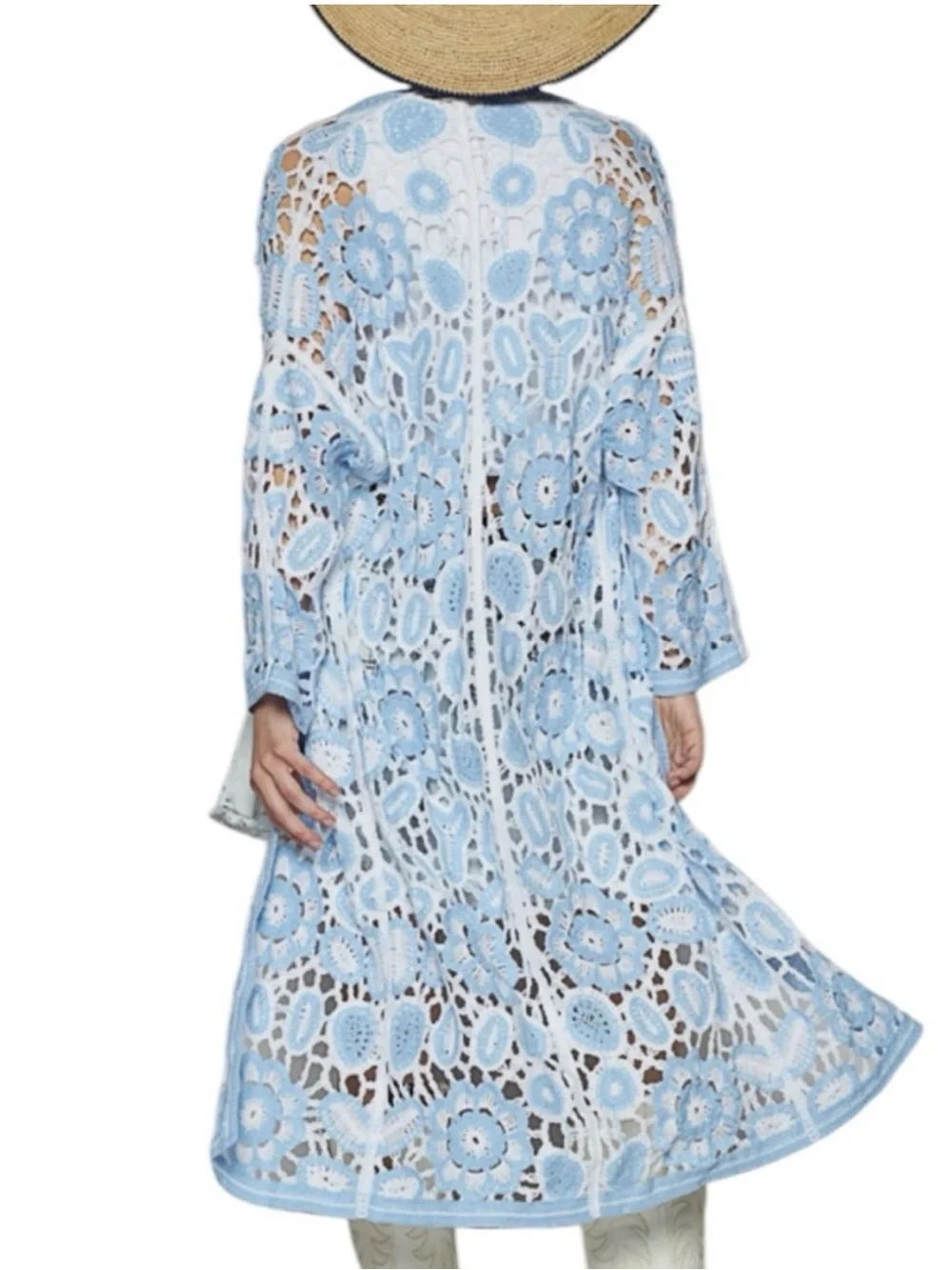 POL Light Blue and White Crochet Openwork Duster Cardigan